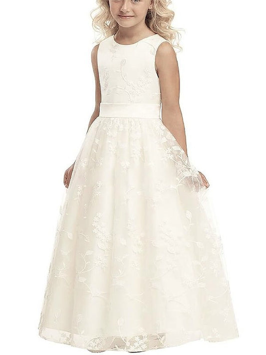 Tulle Applique Scoop A-line/Princess Floor-Length Sleeveless Flower Girl Dresses