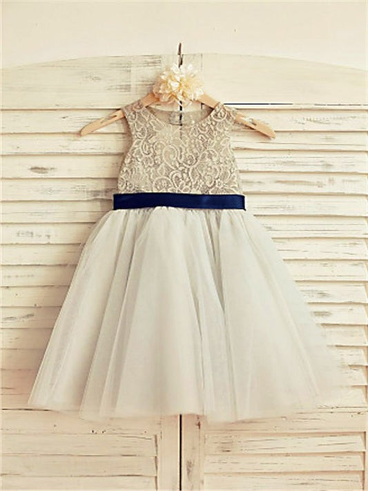 Scoop Sleeveless Tulle A-line/Princess Tea-Length Lace Flower Girl Dresses