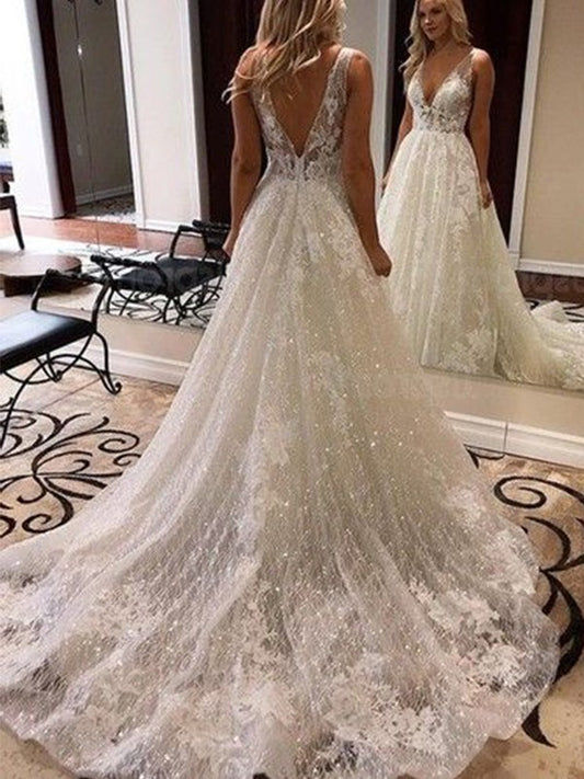 A-Line/Princess V-neck Train Applique Sleeveless Sweep/Brush Tulle Wedding Dresses