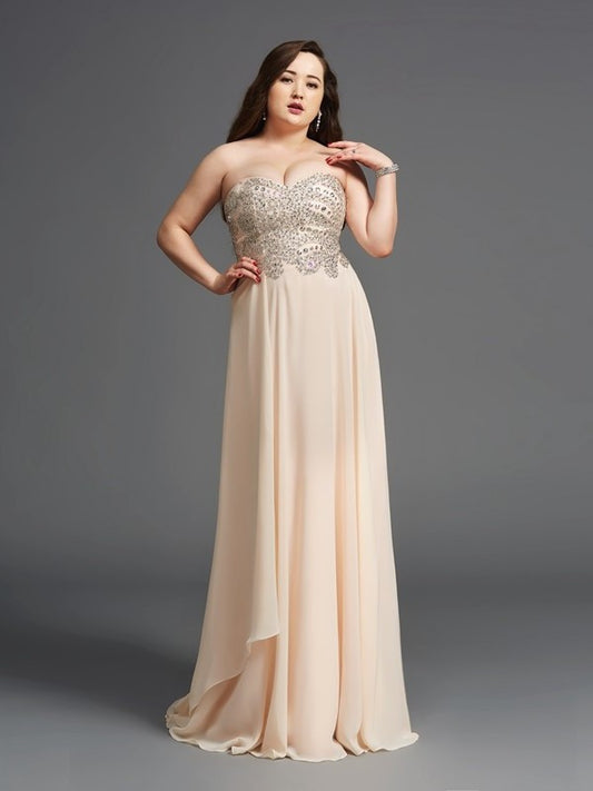 Rhinestone A-Line/Princess Sleeveless Chiffon Sweetheart Long Plus Size Dresses