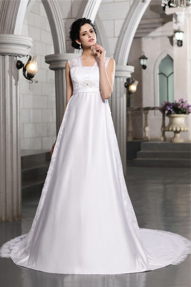 Sleeveless Long A-Line/Princess Lace Satin Wedding Dresses