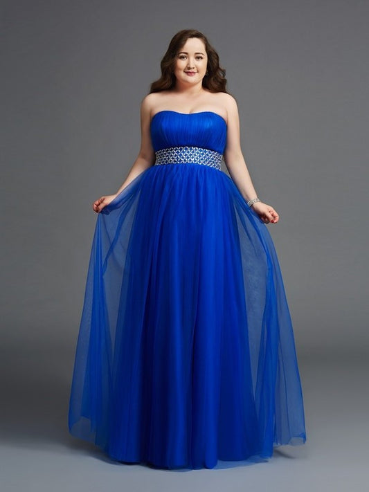 A-Line/Princess Rhinestone Sleeveless Long Net Strapless Plus Size Dresses