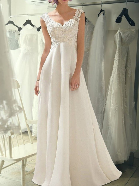 V-neck Floor-Length Sleeveless Empire Lace Chiffon Wedding Dresses