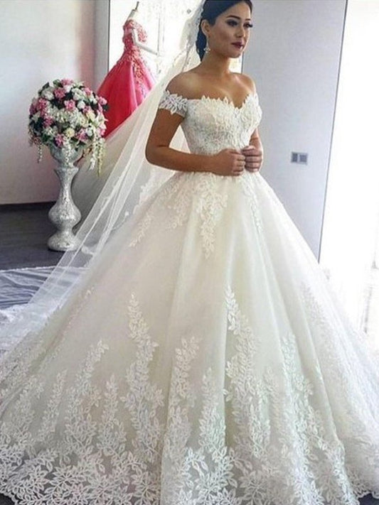 Train Gown Ball Off-the-Shoulder Sleeveless Lace Sweep/Brush Tulle Wedding Dresses