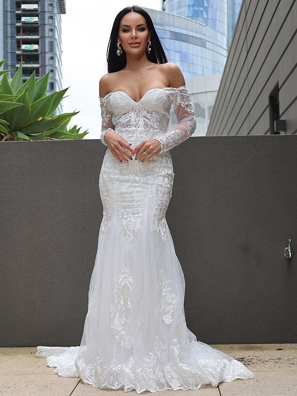 Trumpet/Mermaid Sweep/Brush Applique Tulle Long Off-the-Shoulder Sleeves Train Wedding Dresses