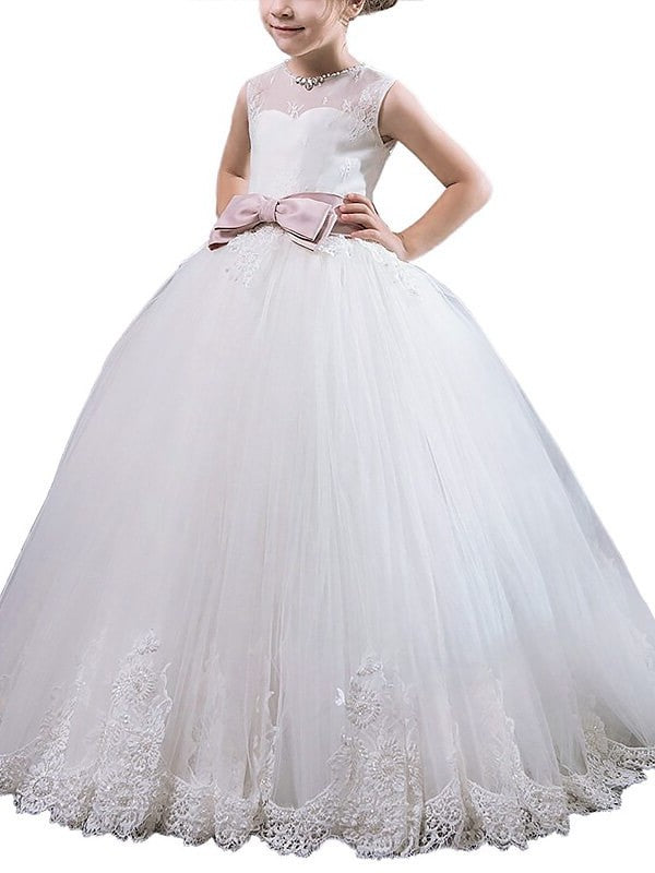 Scoop Sash/Ribbon/Belt Ball Gown Floor-Length Sleeveless Tulle Flower Girl Dresses