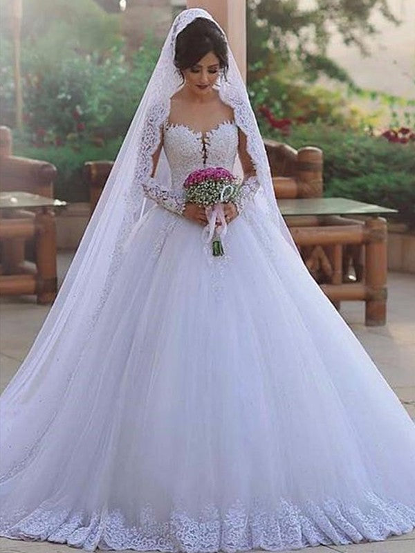 Ball Lace Sleeves Sweep/Brush Sweetheart Gown Train Long Tulle Wedding Dresses