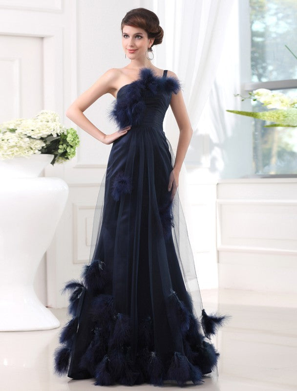 Satin Long Sleeveless Trumpet/Mermaid One-shoulder Tulle Feathers/Fur Dresses