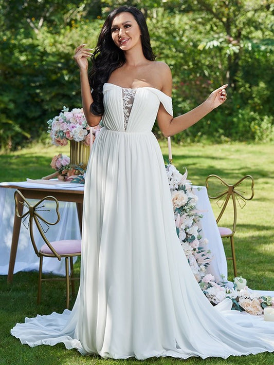 Sweep/Brush A-Line/Princess Off-the-Shoulder Sleeveless Ruffles Chiffon Train Wedding Dresses