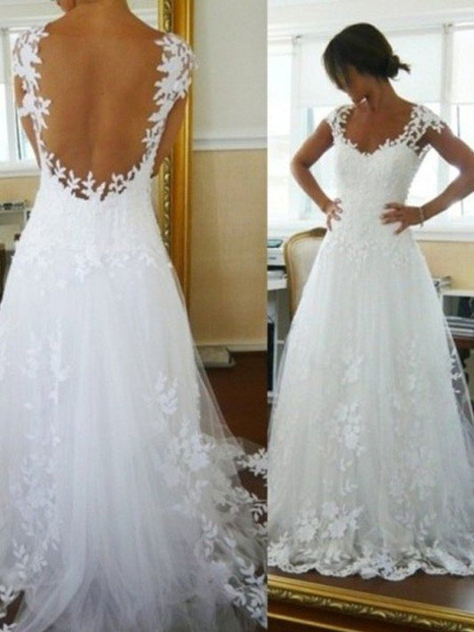 Sweep/Brush Train A-Line/Princess V-neck Lace Sleeveless Tulle Wedding Dresses