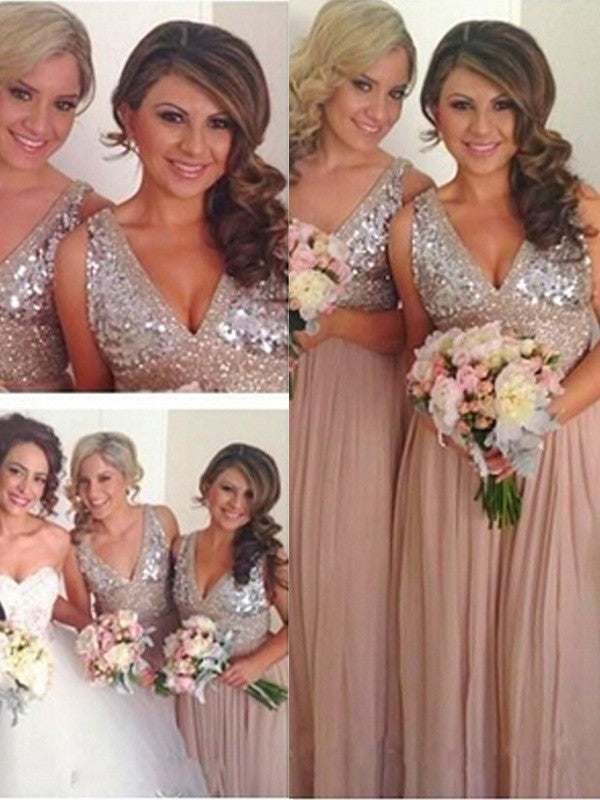 Floor-Length V-neck Sleeveless A-Line/Princess Sequin Chiffon Bridesmaid Dresses