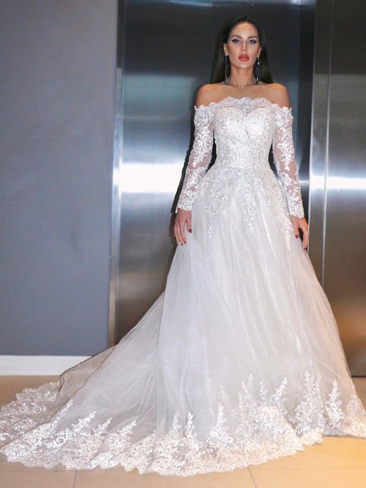 Sweep/Brush Sleeves Off-the-Shoulder Long Applique A-Line/Princess Lace Train Wedding Dresses