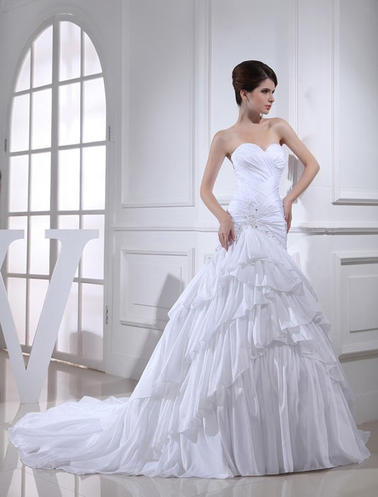 Trumpet/Mermaid Long Sweetheart Beading Sleeveless Applique Taffeta Wedding Dresses