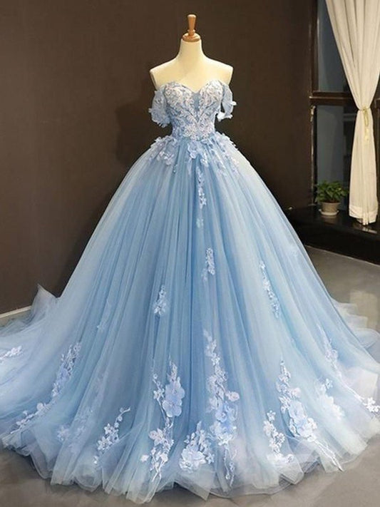 Gown Off-the-Shoulder Sleeveless Applique Ball Tulle Sweep/Brush Train Dresses