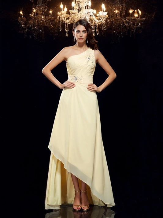 Beading One-Shoulder High Sleeveless A-Line/Princess Low Chiffon Dresses