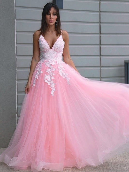 Applique V-neck A-Line/Princess Tulle Sleeveless Floor-Length Dresses