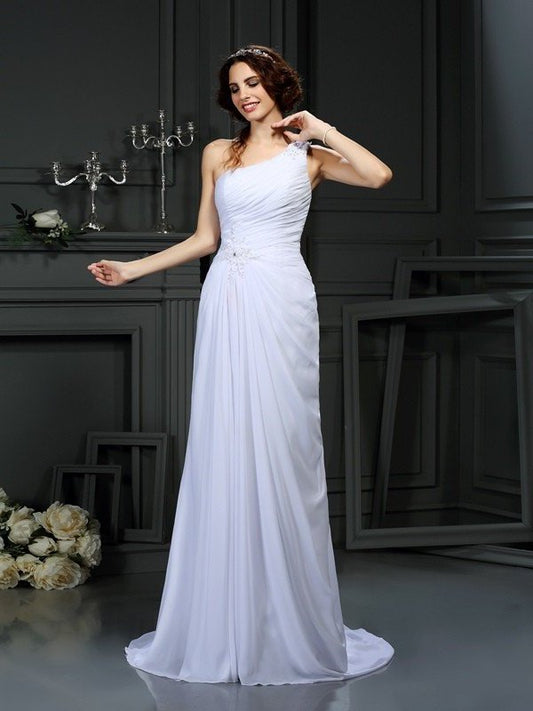 Long Pleats Sleeveless One-Shoulder A-Line/Princess Chiffon Wedding Dresses