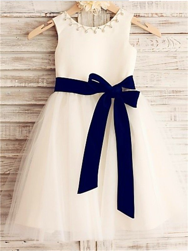 Tea-Length Scoop Sleeveless Tulle A-line/Princess Bowknot Flower Girl Dresses