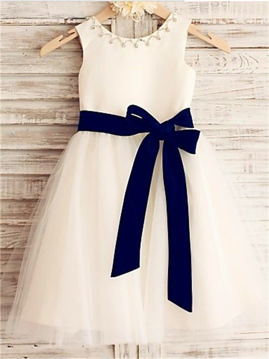 Tea-Length Scoop Sleeveless Tulle A-line/Princess Bowknot Flower Girl Dresses