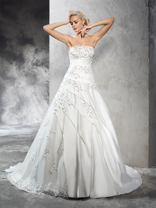 Beading Strapless Sleeveless Gown Ball Long Satin Wedding Dresses