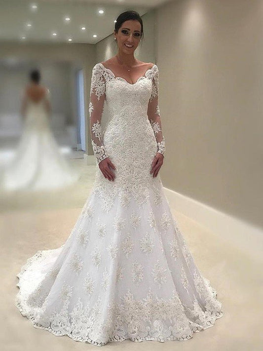 Train Sleeves Trumpet/Mermaid Long Applique V-neck Court Lace Wedding Dresses