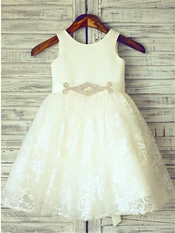 Knee-Length A-line/Princess Sleeveless Scoop Sash/Ribbon/Belt Lace Flower Girl Dresses