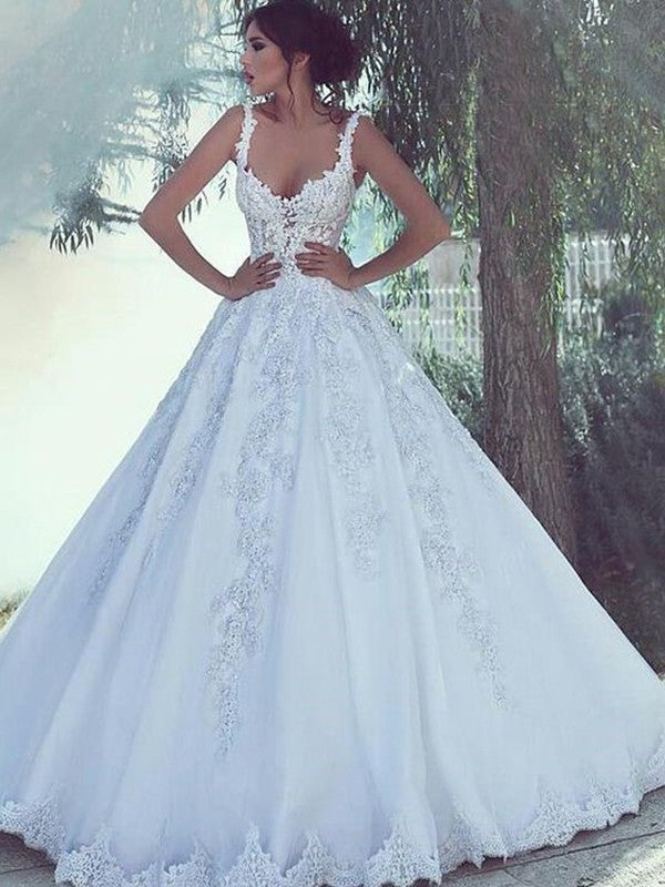 Gown Scoop Sleeveless Lace Ball Train Sweep/Brush Satin Wedding Dresses