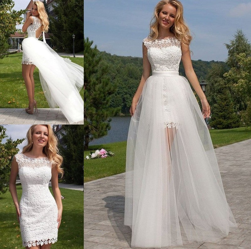 Scoop Floor-Length Sleeveless Sheath/Column Lace Tulle Wedding Dresses