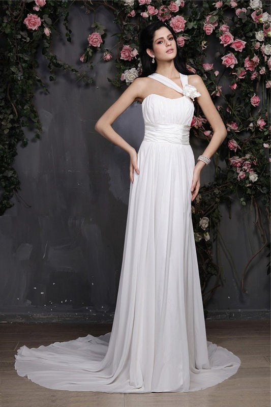 Flower Long Halter Sleeveless Hand-Made Sheath/Column Pleats Chiffon Wedding Dresses