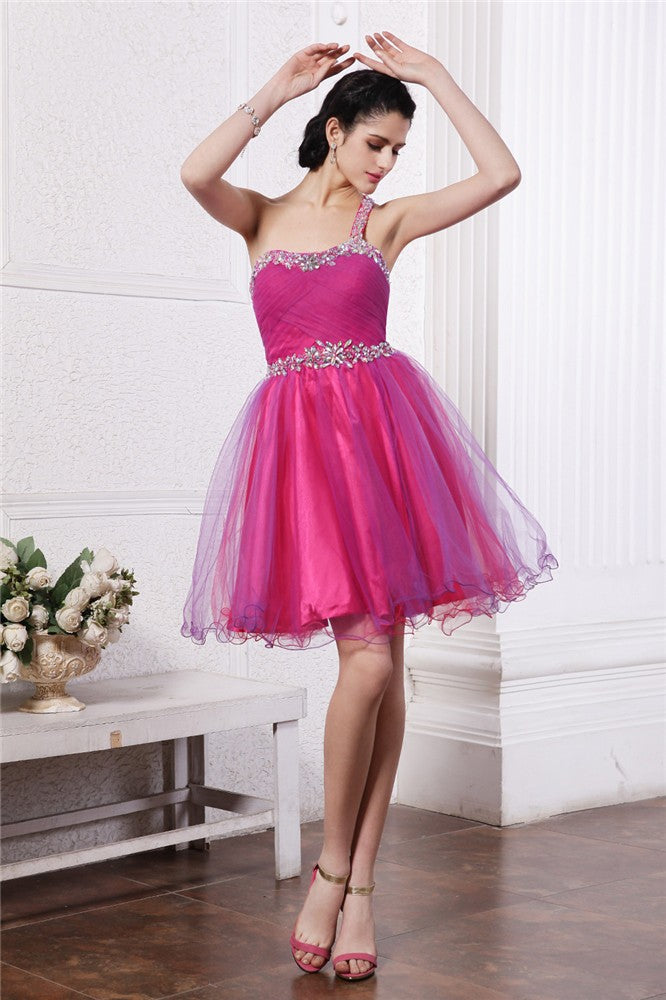 A-Line/Princess One-Shoulder Sleeveless Homecoming Dresses Beading Short Organza Harmony Cocktail Dresses