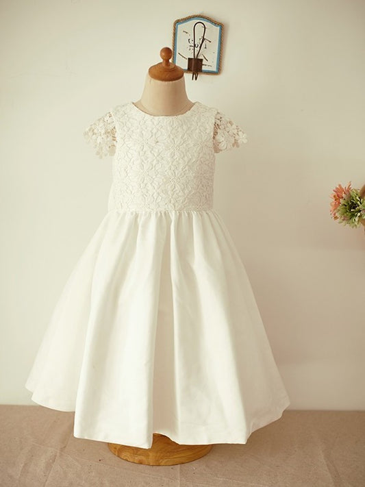 Sleeves A-Line/Princess Lace Bowknot Scoop Knee-Length Short Flower Girl Dresses