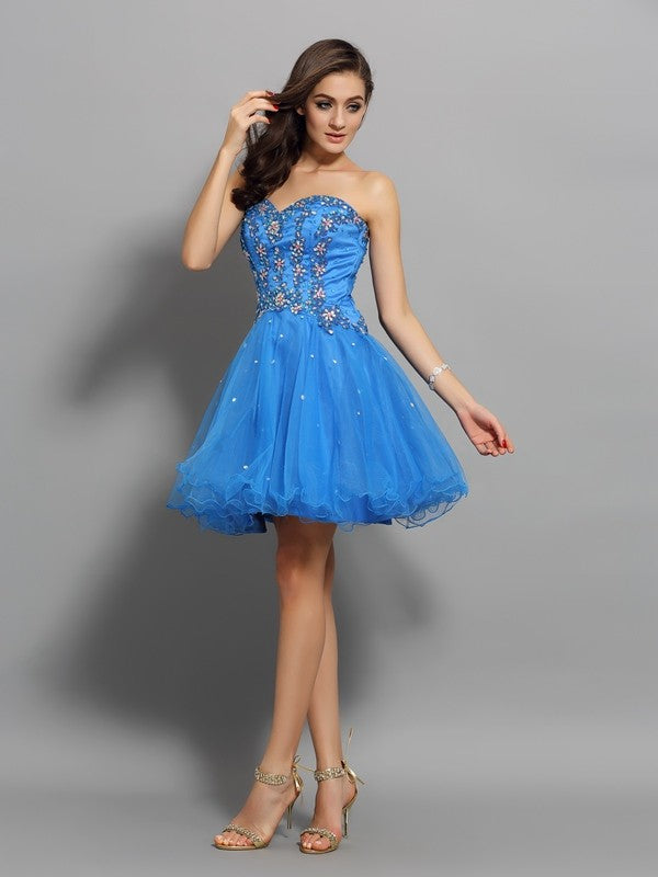 A-Line/Princess Sweetheart Leia Beading Homecoming Dresses Sleeveless Short Satin Cocktail Dresses