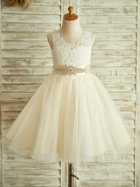 Tulle A-Line/Princess Sleeveless Lace Tea-Length Scoop Flower Girl Dresses