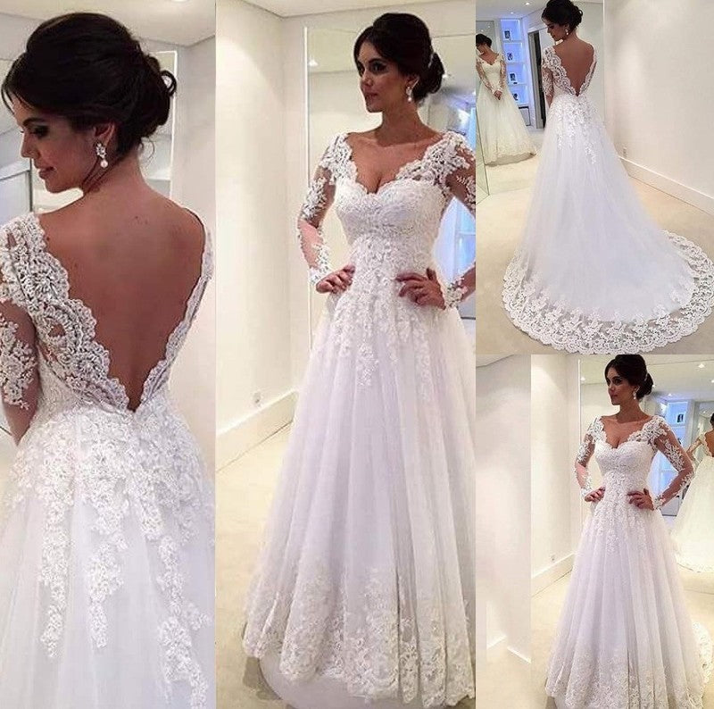 V-neck Sweep/Brush Gown Ball Lace Long Sleeves Train Tulle Wedding Dresses