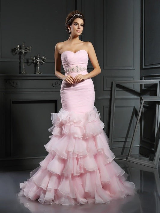 Sleeveless Trumpet/Mermaid Sweetheart Long Beading Organza Wedding Dresses