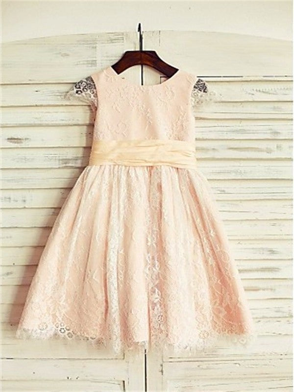 Short Scoop A-line/Princess Tea-Length Lace Sash/Ribbon/Belt Sleeves Flower Girl Dresses