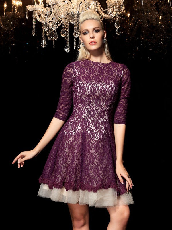 A-Line/Princess Michaela Sheer Neck Lace 1/2 Homecoming Dresses Sleeves Short Lace Cocktail Dresses