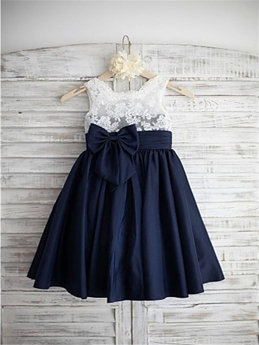 Sleeveless Straps A-line/Princess Taffeta Bowknot Tea-Length Flower Girl Dresses