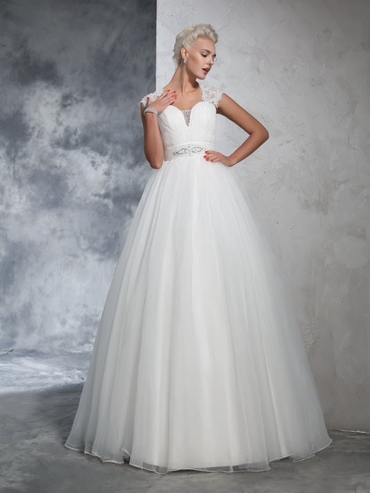 Long Sweetheart Ball Gown Ruched Sleeveless Tulle Wedding Dresses