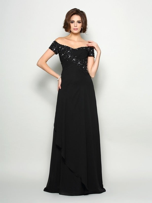 Beading Mother Long Off-the-Shoulder Sleeves Short Chiffon of A-Line/Princess the Bride Dresses