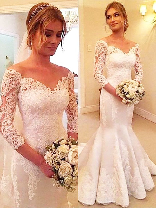 Lace Trumpet/Mermaid Satin Sleeves 3/4 Court Off-the-Shoulder Train Wedding Dresses