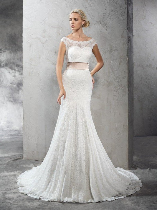 Sash/Ribbon/Belt Sleeveless Neck Sheath/Column Sheer Long Lace Wedding Dresses