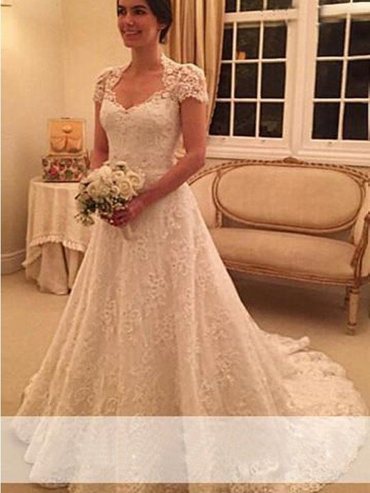 Sweetheart Train A-Line/Princess Short Sleeves Court Lace Wedding Dresses