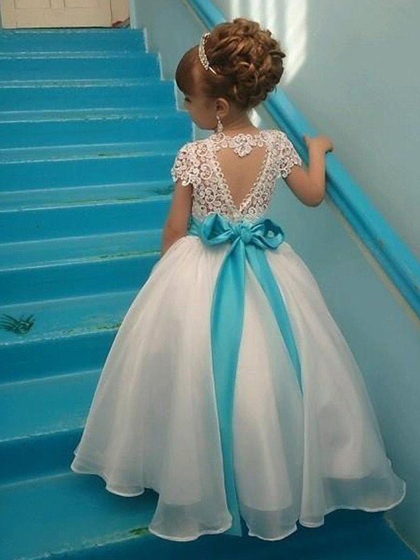 Ball Sleeves Gown Short Floor-Length Beading Scoop Organza Flower Girl Dresses