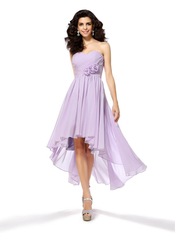 A-Line/Princess Homecoming Dresses Sweetheart Hand-Made Flower Sleeveless High Low Chiffon Cocktail Gianna Dresses