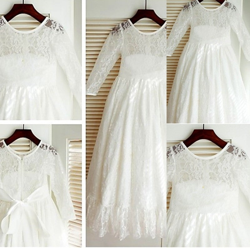 Sleeves Scoop Long Bowknot Lace A-line/Princess Ankle-Length Flower Girl Dresses