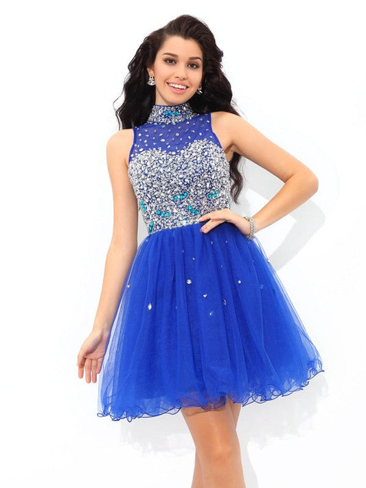 A-Line/Princess High Homecoming Dresses Jazlyn Neck Beading Sleeveless Short Net Cocktail Dresses