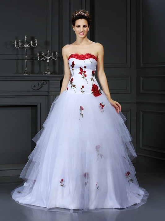 Hand-Made Strapless Long Ball Flower Sleeveless Gown Tulle Wedding Dresses