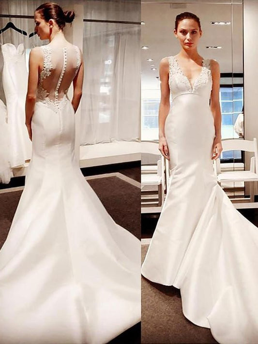 Court Trumpet/Mermaid Satin V-neck Sleeveless Applique Train Wedding Dresses