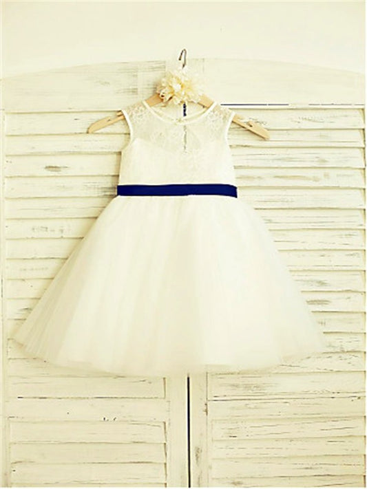 Bowknot Scoop Sleeveless A-line/Princess Tea-Length Tulle Flower Girl Dresses